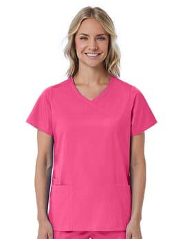 A women's mock wrap top in bright pink, featuring short sleeves and two front pockets, with a logo on the side.