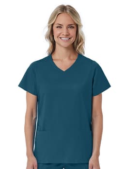 A women's mock wrap top in teal with short sleeves and two front pockets, featuring a logo.