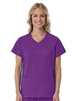 A women's mock wrap top in vibrant purple with short sleeves and two front pockets, featuring a logo.