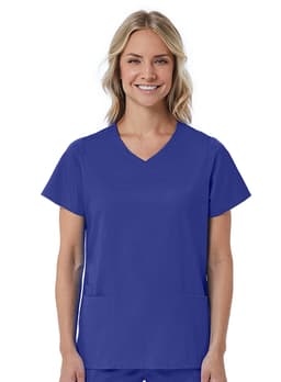 A women’s mock wrap top in vibrant blue, featuring short sleeves and two front pockets. It includes a brand logo.