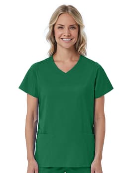 A green women's mock wrap top featuring a V-neck and short sleeves, with two front pockets.