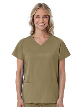 A women's mock wrap top in olive green, featuring short sleeves and two front pockets. Includes a logo.