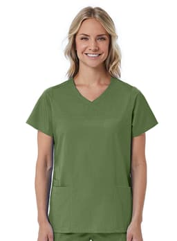 A women's mock wrap top in green, featuring short sleeves and two front pockets, with a logo on the chest.