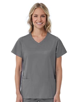 A women's mock wrap top in grey, featuring short sleeves and two front pockets. The top has a logo on it.