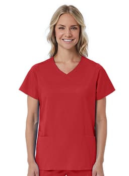A red women's mock wrap top featuring short sleeves and a V-neck design, with two front pockets.