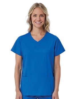 A woman wearing a bright blue mock wrap top with short sleeves and two front pockets. The top has a logo.