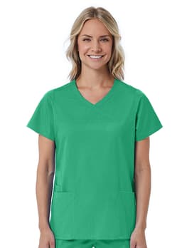 A green mock wrap top featuring short sleeves and two front pockets, worn by a model. It has a logo on it.