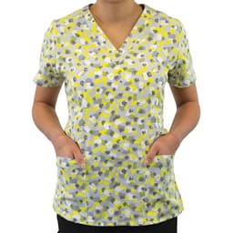 A women's V-neck top featuring a yellow, grey, and white floral pattern with short sleeves and front pockets.