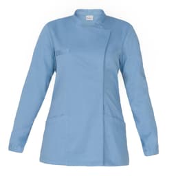 A light blue tunic with a mandarin collar, featuring two front pockets and long sleeves. It has a logo on the label.