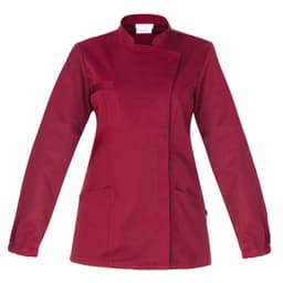 A maroon Amanda Tunic with long sleeves, a high collar, and two front pockets. The garment features a logo.