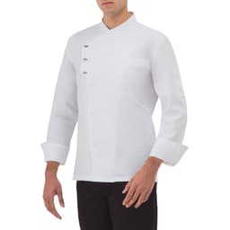 A white chef's jacket featuring a modern design with long sleeves and a side pocket. Includes a logo on the sleeve.