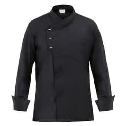 A black chef jacket featuring a diagonal design, long sleeves, and a pocket on the left side.