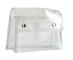 A clear, transparent bag featuring press buttons and stitch detailing. It has a sleek design suitable for various uses.