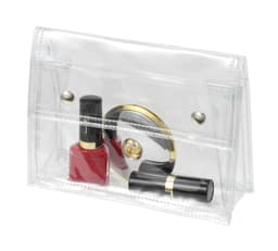 A clear, transparent bag featuring press buttons, holding red nail polish, a round mirror, and two lipsticks.