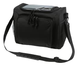 A black cooler bag with a clear top compartment, side mesh pockets, and an adjustable strap. Features a logo.