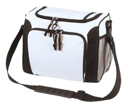 A white and black cooler bag with a zippered top and mesh side pockets, featuring an adjustable strap and logo.