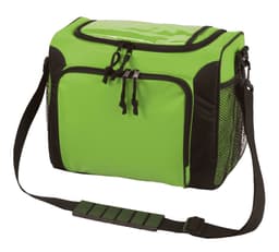 A green cooler bag with black accents, featuring a zippered closure and a shoulder strap. There is also mesh detailing.
