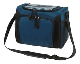 A blue cooler bag with black accents, featuring a clear top panel and a shoulder strap for easy carrying.