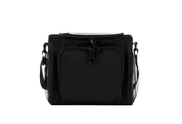 A black cooler bag with a zippered main compartment and mesh side pockets. It features a sturdy handle and adjustable strap.