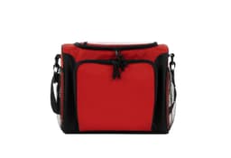 A red cooler bag with black accents, featuring a zippered top and side mesh pockets. It has a brand logo on the front.