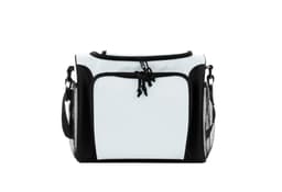 A sporty cooler bag in white and black, featuring a zippered compartment and mesh side pockets.