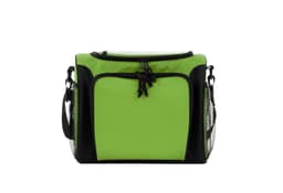 A green cooler bag with black accents, featuring a zippered top and side mesh pockets. It has a logo on the front.
