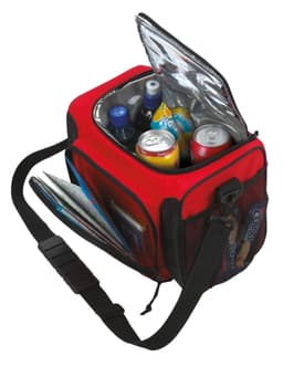 A red cooler bag with a silver-lined interior, filled with various drink bottles and cans. It has a shoulder strap and a mesh side pocket.