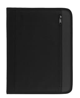 A black conference folder with a zippered pocket, designed for office and business use.