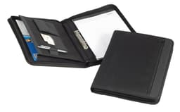 A black conference folder with sections for cards, a notepad, and a pen, featuring a zippered closure and a logo.