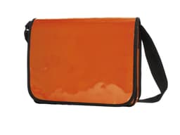 An orange lorry bag with a black strap and trim, featuring a glossy finish and a flap closure.