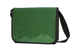 A green lorry bag featuring a glossy finish and a black adjustable strap. Includes a logo on the front.