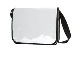 A shiny white messenger bag with a black trim and an adjustable strap. Features a logo on the front.