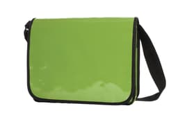 A bright green lorry bag with a black strap and edging, featuring a front flap and a logo.