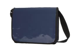 A navy blue lorry bag with a glossy finish and a black strap, featuring a branding logo.
