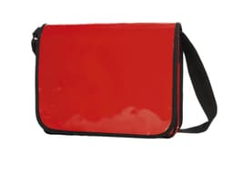 A red lorry bag with a glossy finish and a black strap, featuring a branding logo.