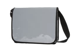 A grey lorry bag with a shiny finish and a black adjustable strap, featuring a logo on the front.