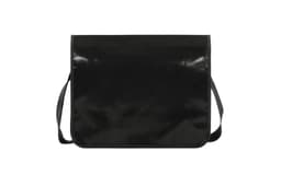 A black Economy LorryBag with a flap design and adjustable shoulder strap, featuring a logo.