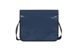 A navy blue messenger bag with a black strap and a glossy finish. It features a branding logo.