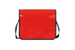 A bright red lorry bag with a black trim and an adjustable shoulder strap, featuring a front flap.