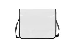 A white lorry bag with a black trim and adjustable shoulder strap, featuring a logo on the front.