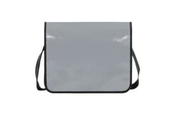 A grey lorry bag with a black trim and an adjustable strap, featuring a logo.