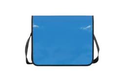A blue lorry bag with a smooth surface, featuring a black shoulder strap and trim. It has a logo on the front.