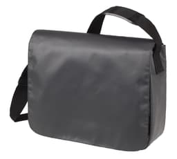 A black satchel-style shoulder bag with a long adjustable strap and a smooth, matte finish.