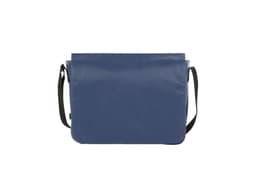 A blue shoulder bag with a black adjustable strap and a simple design, featuring a logo on the front.