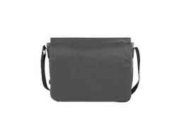 A grey satchel-style shoulder bag with a long adjustable strap and a simple, sleek design. It features a logo.
