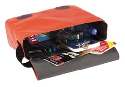 An orange shoulder bag with a grey base, containing various items like water bottles, pens, and papers.