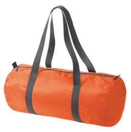 An orange duffle bag with grey handles, featuring a zippered closure and a simple design.
