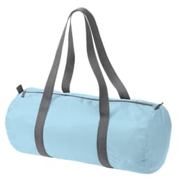A light blue duffle bag with grey handles and a zip closure, also featuring a logo on the side.