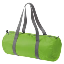 A bright green duffle bag with grey straps and a zippered closure. It features a logo on the side.
