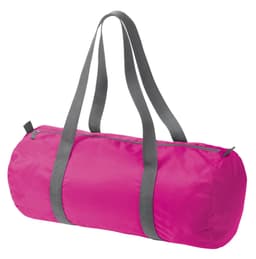 A bright pink duffle bag with grey handles and a zip closure, featuring a logo on the side.